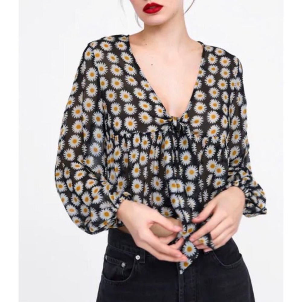 Zara Floral Print Ruffle Daisy Semi Sheer Blouse S